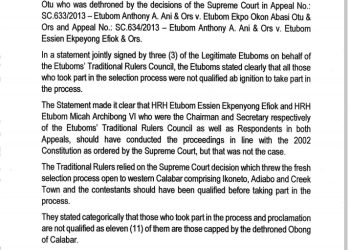 Obong Crisis: Etubom’s Council Members Writes Governor Ayade, seek his intervention to forestall breakdown of Law