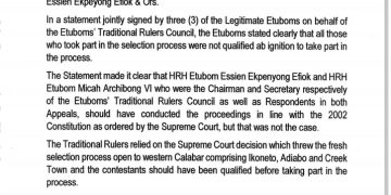 Obong Crisis: Etubom’s Council Members Writes Governor Ayade, seek his intervention to forestall breakdown of Law