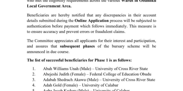 HON SUNNY AYANG BURSARY COMMITTEE UNVEILS 100 SUCCESSFUL PHASE 1 BENEFICIARIES, ASSURES PROMPT PAYMENT