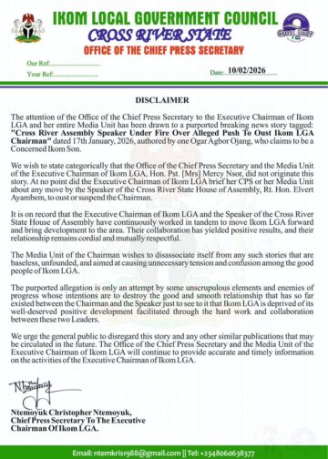 Ikom LGA Disowns Report Linking Speaker to Alleged Plot Against Chairman